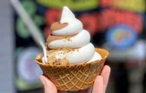 Chocolate and vanilla soft serve ice cream twist in cone cup